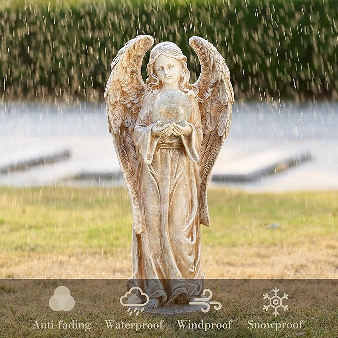 TERESA'S COLLECTIONS Large Angel Garden Statues with Solar Outdoor Light for Outdoor Decor, Fairy Figurine Resin with Wing & Glass Ball for Garden Decor, Yard Decor Lawn Ornament Gifts for Mom, 11"