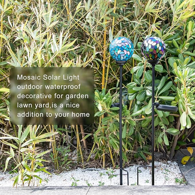 VCUTEKA Solar Garden Decorative Lights Outdoor, Mosaic Solar Light Waterproof LED Pathway Stake Light for Landscape Patio Yard Deck Walkway Decoration, 2 Pack (Blue&Purple)