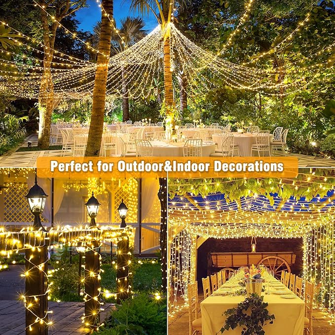 100ft 300 LED String Lights Outdoor Indoor Waterproof Clear Wire Christmas String Lights, Plug in Warm White Twinkle Fairy Lights for Bedroom Wedding Tree Christmas Decorations