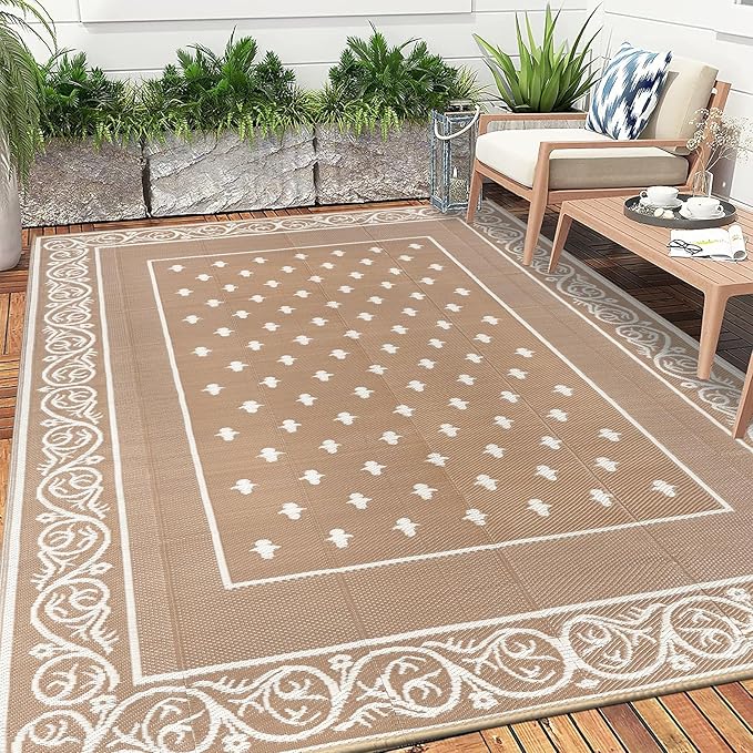 Pauwer Waterproof Outdoor Rug 9x12, Reversible Plastic Straw Patio Camping Rug, Indoor Outdoor RV Mat Carpet for Deck, Camper, Porch, Balcony, Backyard, Picnic, Bordered Beige