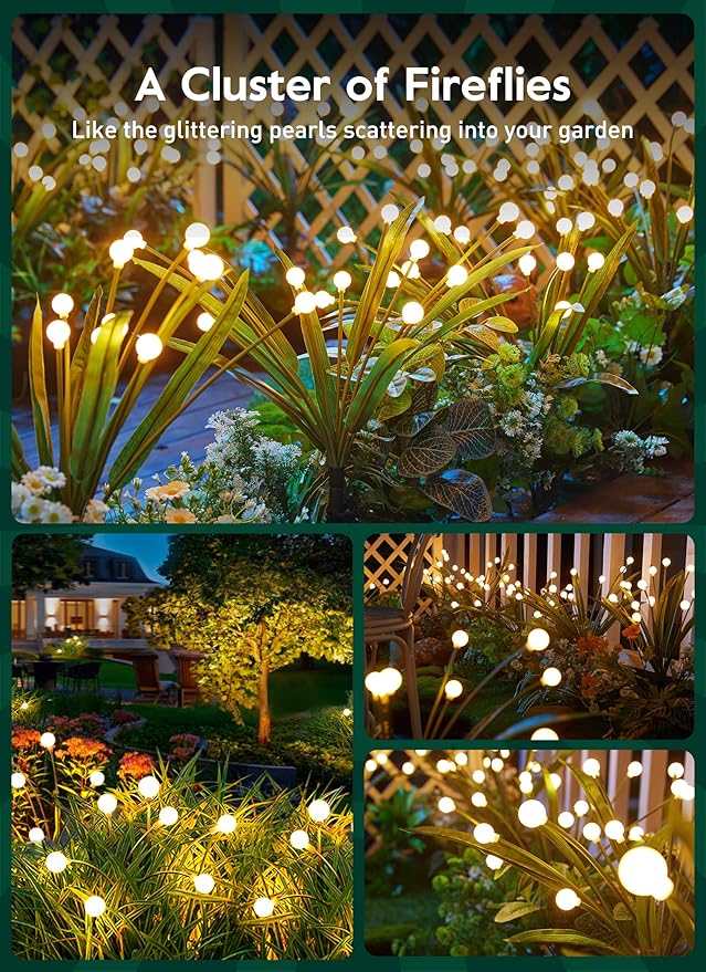 4 Pack 48 LED Solar Firefly Lights with Leaves, Solar Garden Lights Outdoor Decoration with 2 Lighting Modes, Waterproof Solar Outdoor Lights Decorative, Solar Lights for Outside Pathway, Warm White