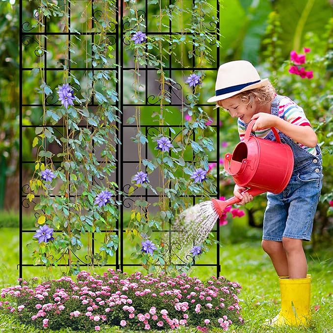 LZRS 2 Pack 87x20in Rustic Iron Arch Decoration Garden Trellis with Black Metal Coating – Perfect for Supporting Climbing Plants Outdoor, Roses, Vines, Flowers, and Vegetables.