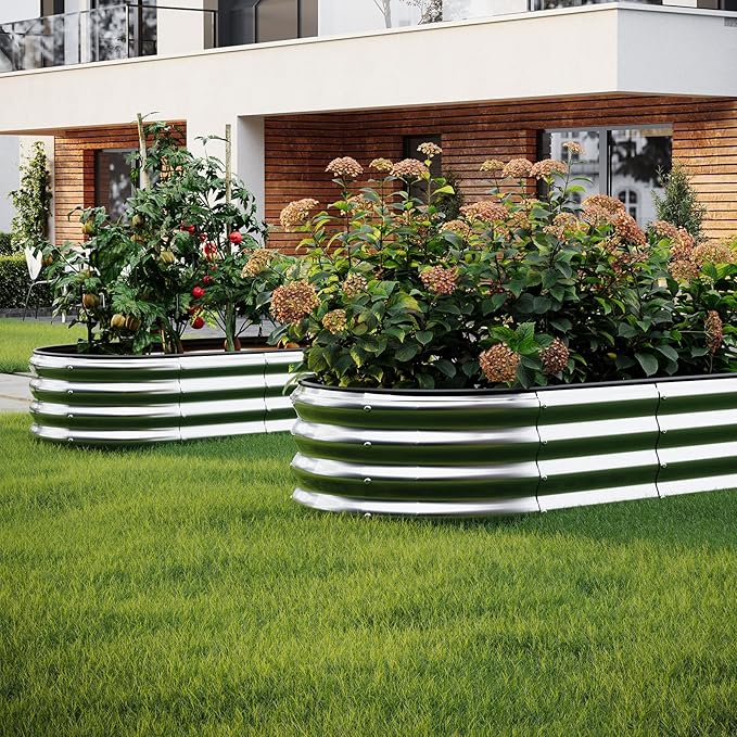 Galvanized Metal Planter Round Raised Garden Bed Kit for Gardening Outdoor,2x2x1ft 2pc Grow Garden Box Raised Flower Bed,Round Galvanized Planter Outdoor Metal Fire Pit Ring