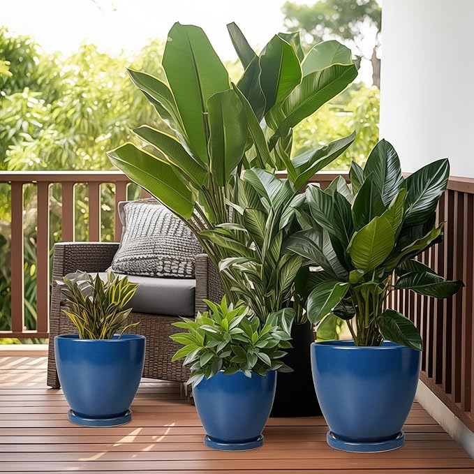 10 Inch Plant Pot - Ceramic Planter with Drainage Hole and Saucer, Modern Flower Pot, Round Planters for Indoor Plants, Home Patio Bathroom Porch Garden Living Room Decor, Blue