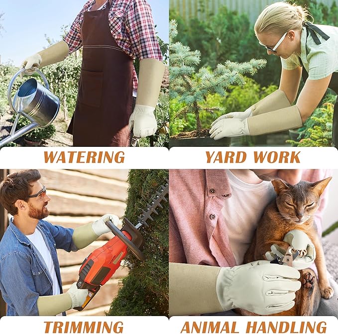 HANDLANDY Pruning Gloves Long for Men & Women, Pigskin Leather Rose Gardening Gloves- Breathable & Durability Gauntlet Gloves Medium