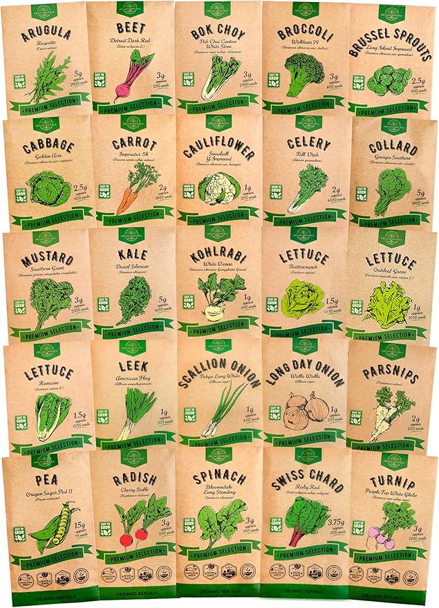 Organo Republic 25 Winter Vegetable Garden Seeds Variety Pack for Outdoors & Indoor Home Gardening 6500+ Non-GMO Heirloom Seeds: Broccoli Beet Carrot Collard Lettuce Radish Spinach Pea Kohlrabi