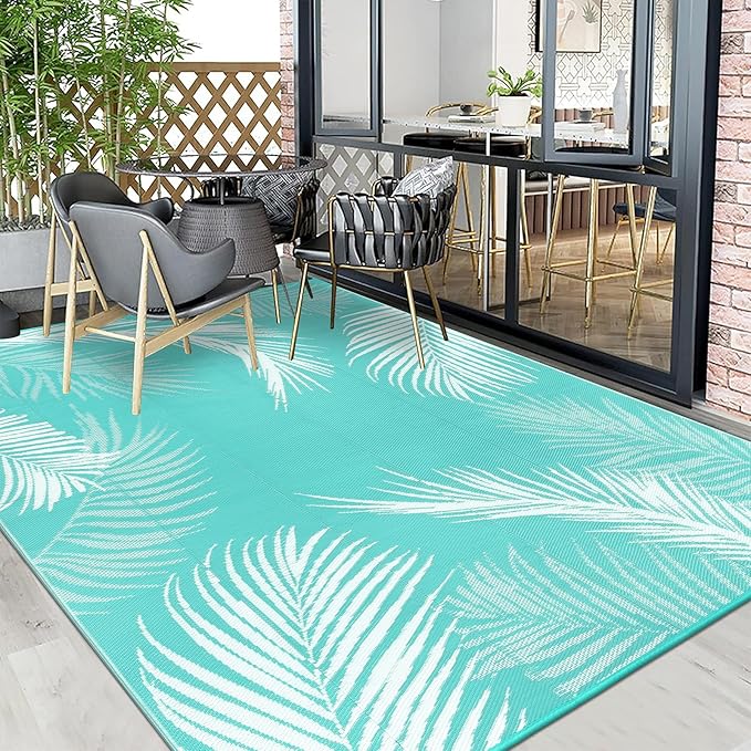 Pauwer Waterproof Outdoor Rug 8x10, Reversible Plastic Straw Patio Camping Rug, Indoor Outdoor RV Mat Carpet for Deck, Camper, Porch, Balcony, Backyard, Picnic, Leaf Light Blue