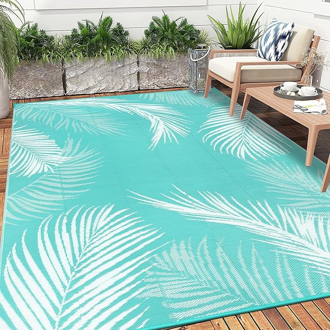 Pauwer Waterproof Outdoor Rug 6x9, Reversible Plastic Straw Patio Camping Rug, Indoor Outdoor RV Mat Carpet for Deck, Camper, Porch, Balcony, Backyard, Picnic, Leaf Light Blue