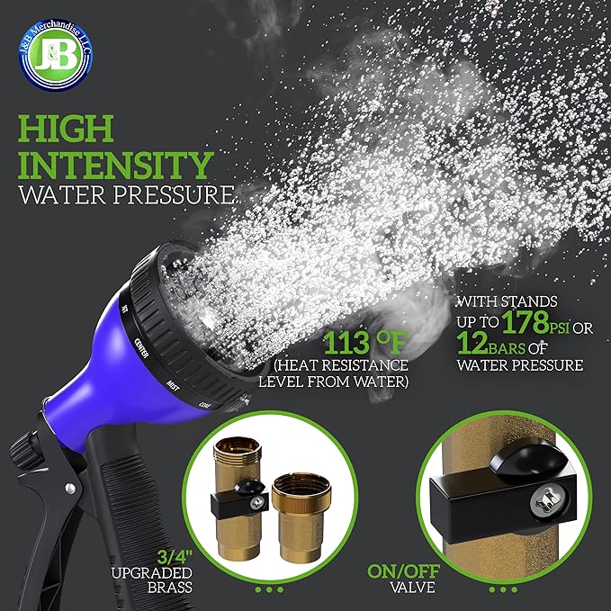 J&B XpandaHose 100ft Expandable Garden Hose with Holder - Heavy Duty Superior Strength 3750D - 4 -Layer Latex Core - Extra Strong Brass Connectors and 10 Spray Nozzle w/Storage Bag (Blue 100)