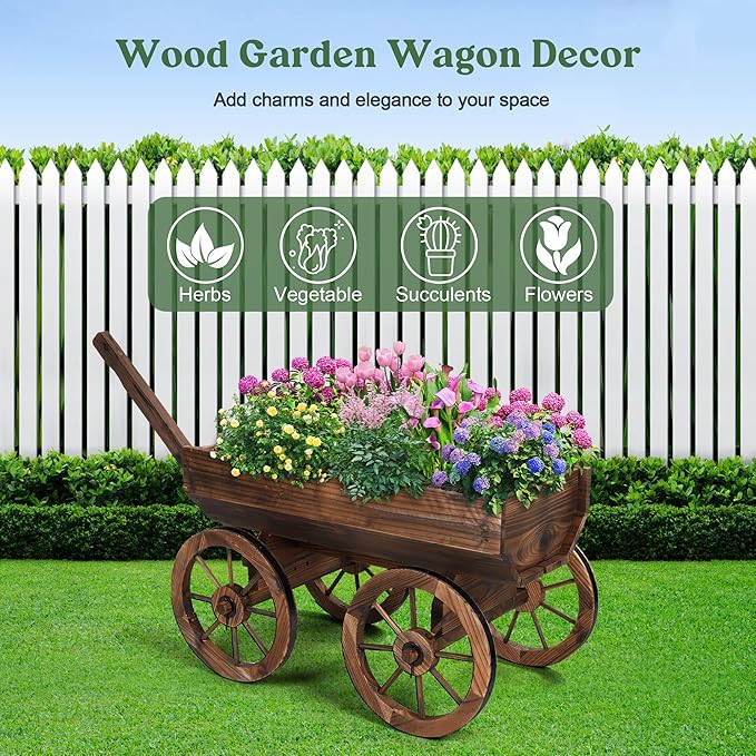 Wood Wagon Planter for Outdoor Balcony Decor - Garden Rustic Wooden Flower Cart with Wheels for Outside Garden Decor Wheelbarrow Planter for Patio