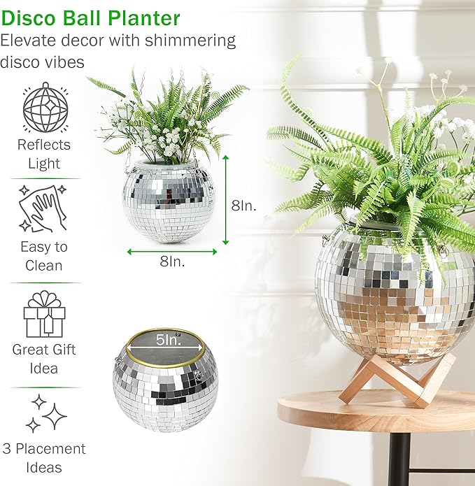 Eekzy Disco Ball 8" Plant Pot - Hanging Planter with Macrame Rope, Square Stand, Silver Chain & Inner Pot - Indoor & Outdoor Decor