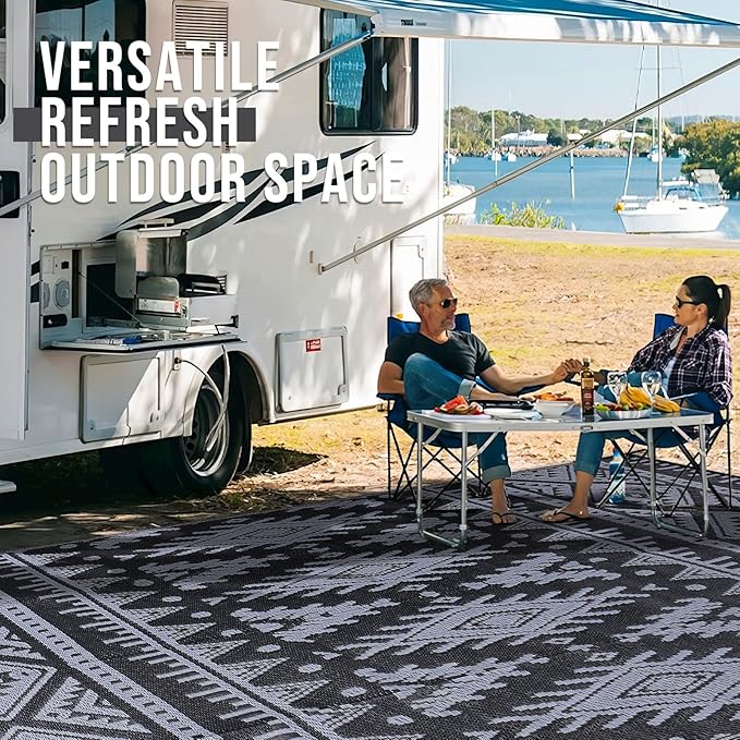 OLANLY Outdoor Rug Waterproof 6x9 ft, Reversible Outdoor Plastic Straw Rug, Boho Patio Rug, Indoor Outdoor Carpet, RV Mat Outside for Patio, Camp, Picnic, Balcony, Deck, Backyard, Black & Grey