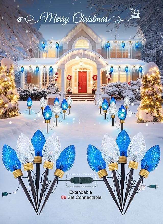 Moonflor Strawberry Super Jumbo Christmas Lights Outdoor - 11FT 5 LED Jumbo C9 Christmas Pathway Lights,Hanging String Lights,Christmas Lights Outdoor Decorations for Lawn Holiday Yard, Blue White