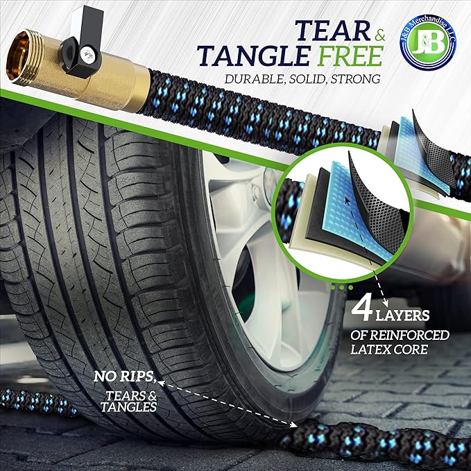 J&B XpandaHose 100ft Expandable Garden Hose with Holder - Heavy Duty Superior Strength 3750D - 4 -Layer Latex Core - Extra Strong Brass Connectors and 10 Spray Nozzle w/Storage Bag (Blue 100)