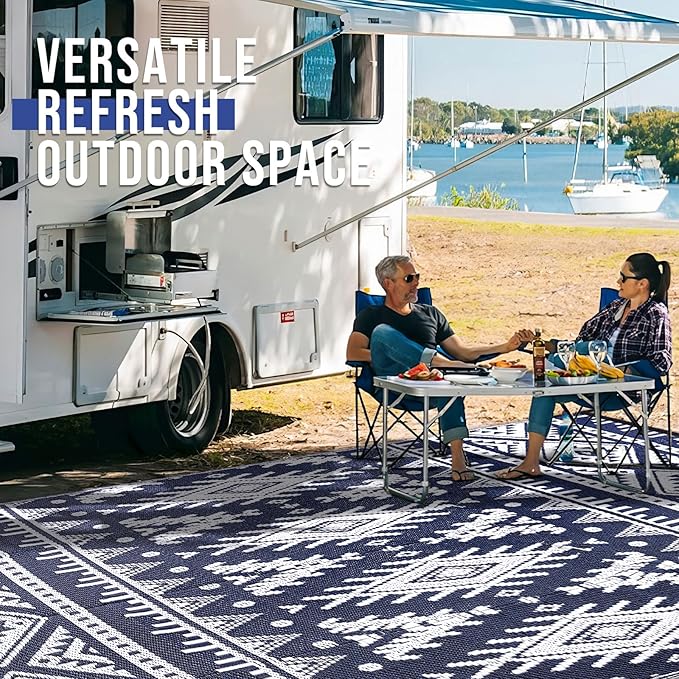 OLANLY Outdoor Rug Waterproof 9x12 ft, Reversible Outdoor Plastic Straw Rug, Boho Patio Rug, Indoor Outdoor Carpet, RV Mat Outside for Patio, Camp, Picnic, Balcony, Deck, Backyard, Navy & White
