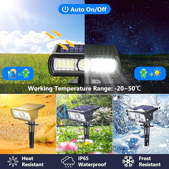 Toodour Solar Spot Light Outdoor, 2 Pack Solar Lights Outdoor with 2 Modes, Waterproof Solar Powered Flood Lights Landscape Lighting for Yard Garden Home Pathway Walkway Outdoor Decor - Cool White