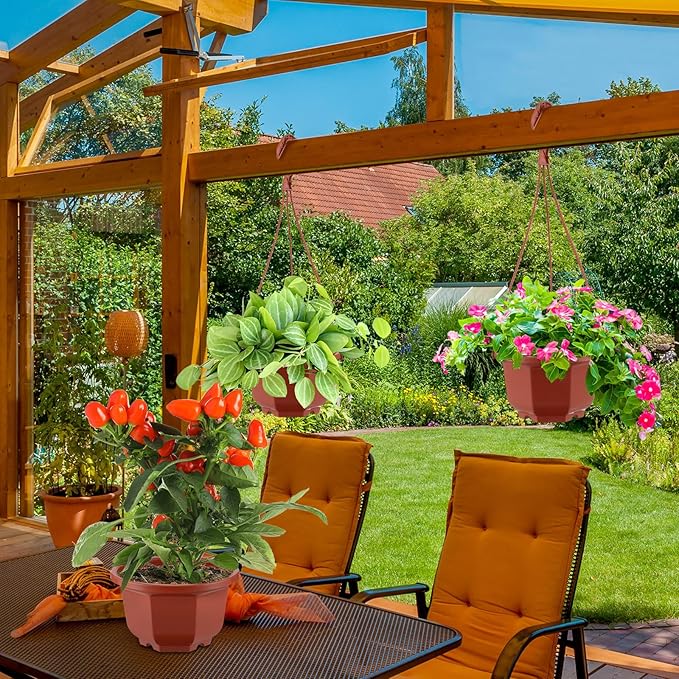 Roshtia 24 Pcs Hanging Plastic Planter Pot with Hook Flower Pots Baskets Hanging Nursery Planter Holder for Outdoor Indoor Plant Garden(Brown,6 Inch)