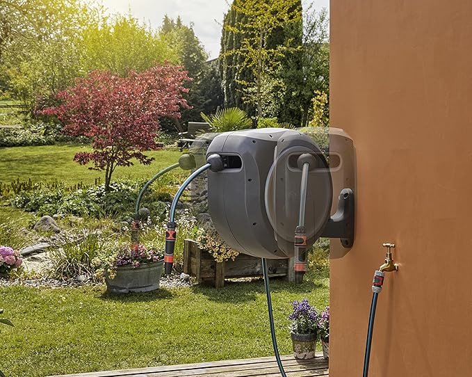 GARDENA 20505, 100' Retractable Garden Hose Reel with US Hose Threads - 100' x 1/2" hose, Automatic Retraction & Length Lock for Easy Watering. Heavy Duty Swivel Bracket 180°, Includes Nozzle.