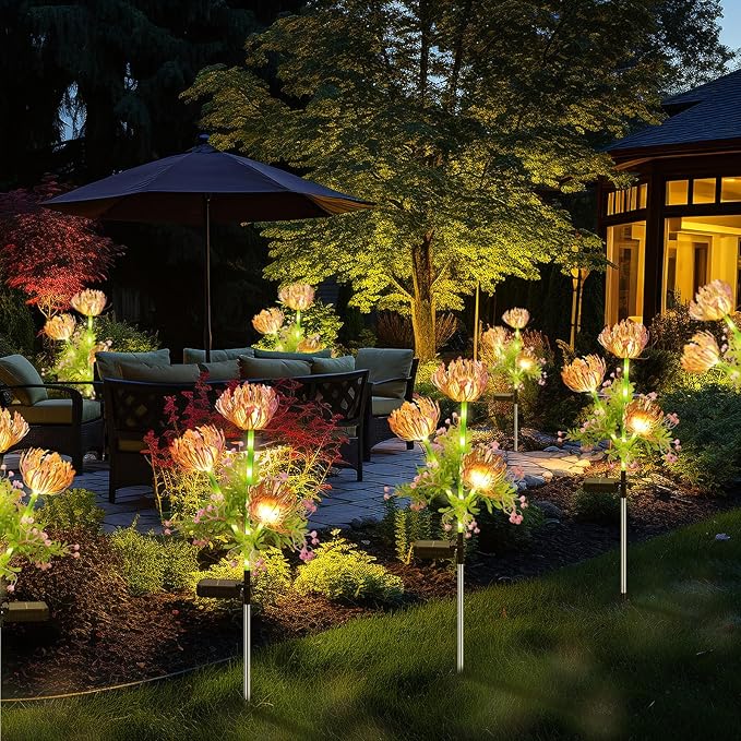 Solar Garden Lights Outdoor, 4 Pack Solar Flowers Lights,12 Head Waterproof Flower with Glowing Stems, Outdoor Solar Light for Yard, Pathway, Garden Decor & Gardening Gift