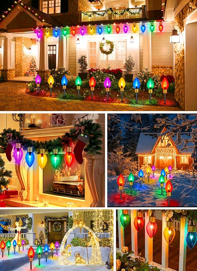 4 Pack Christmas Lights Jumbo C9 Outdoor Lawn Decorations with Pathway Marker Stakes, 10.5Ft C7 Lights Covered Jumbo Glitter Multicolor Bulb for Holiday Outside Yard Garden Decor