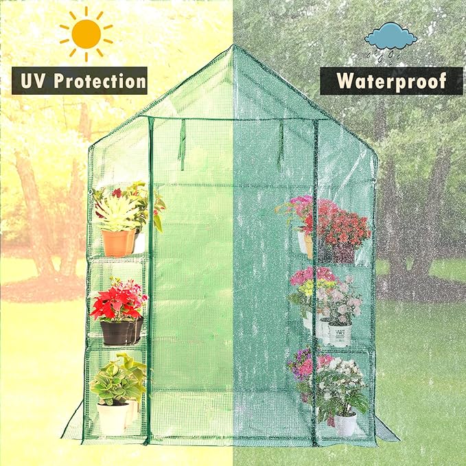 Walk-in Greenhouse w/ Roll-Up Zipper Door & Screen Windows-3 Tiers 12 Shelves 56x56x76β PE Greenhouse for Outdoor Gardening Plants Cold Frost Protection Wind Rain Proof(PLGHW002G-N)