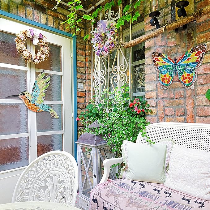 Adroiteet 16 Inch Large Wall Decor, Set of 2 Butterfly Hummingbird Metal Wall Art, Bird Wall Sculpture Hanging Decorations, Perfect for Garden Yard Fence Home Kitchen Bedroom Outdoor Indoor