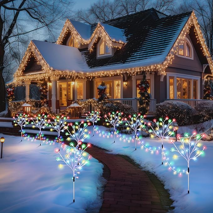 Enhon 5 Pack Snowflake Christmas Pathway Lights, 180 LED Garden Stake Lights with 8 Light Modes and Timer Function, Waterproof Xmas Decoration Tree Light for Outdoor Yard Lawn Patio Decor(Multicolor)