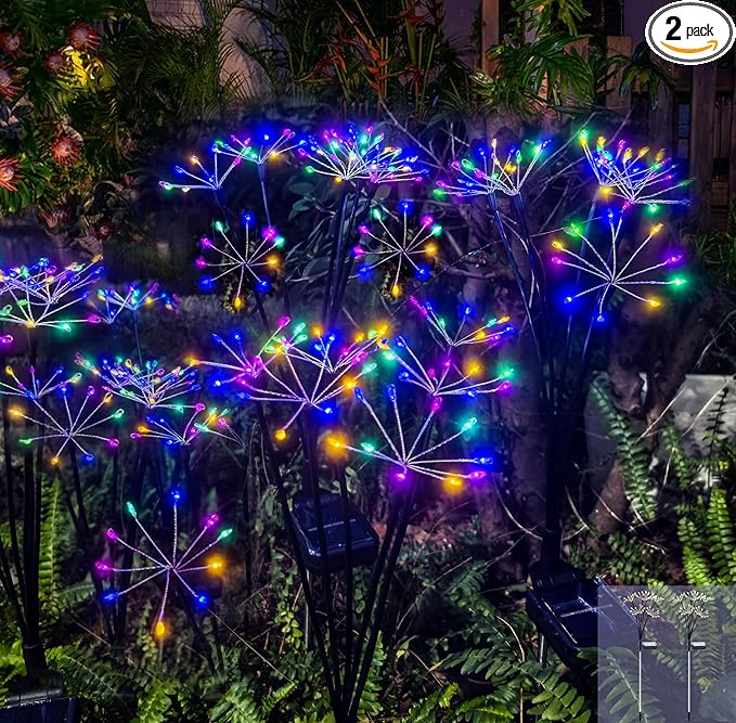 Solar Christmas Lights Outdoor Waterproof Decorative Solar Garden Lights 2 Pack 120LED Solar Firework Lights for Yard Bushes Lawn Flowerbed Xmas Decor,Christmas Gardening Gifts for Women, Multicolor