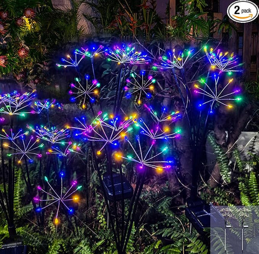 Solar Christmas Lights Outdoor Waterproof Decorative Solar Garden Lights 2 Pack 120LED Solar Firework Lights for Yard Bushes Lawn Flowerbed Xmas Decor,Christmas Gardening Gifts for Women, Multicolor