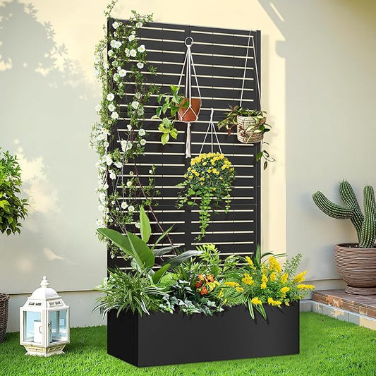 Trellis for Climbing Plants Outdoor,Mental Garden Bed with Drainage Holes Outdoor Privacy Screen Design Tall planters for herb Flower Vegetables 73"x35"x16", Black-Louvered