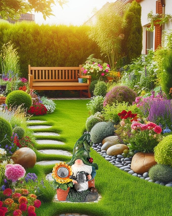 Solar-Powered Garden Gnome Watering Can Sunflower - 12 in Garden Decor Gnomes Decorations for Yard Lawn Ornaments Outside Statue Figurine LED Lights (Gnome)