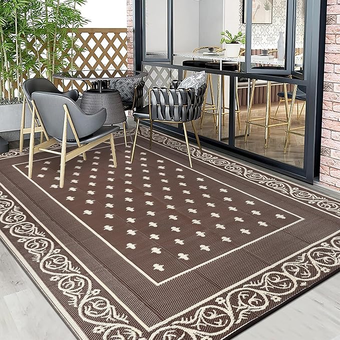 Pauwer Waterproof Outdoor Rug 10x14, Reversible Plastic Straw Patio Camping Rug, Indoor Outdoor RV Mat Carpet for Deck, Camper, Porch, Balcony, Backyard, Picnic, Bordered Brown