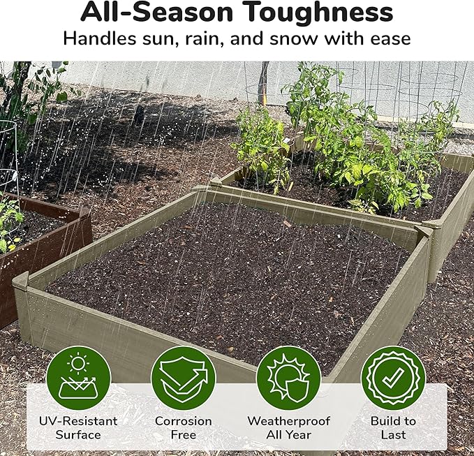 Raised Garden Bed - 4x4 ft Planter Box - Weathered Wood HDPE - No Tools Needed - DIY Kit for Urban Gardening, Flowers, Herbs & Vegetables - Made in The USA