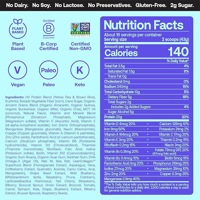 Happy Viking Vanilla Plant Protein Powder, Created by Venus Williams, 20G Protein, Low Carb, Keto, Vegan, Gluten-Free, Non-GMO, Superfoods, Complete Meal Replacement, 1 Canister (24 oz.)