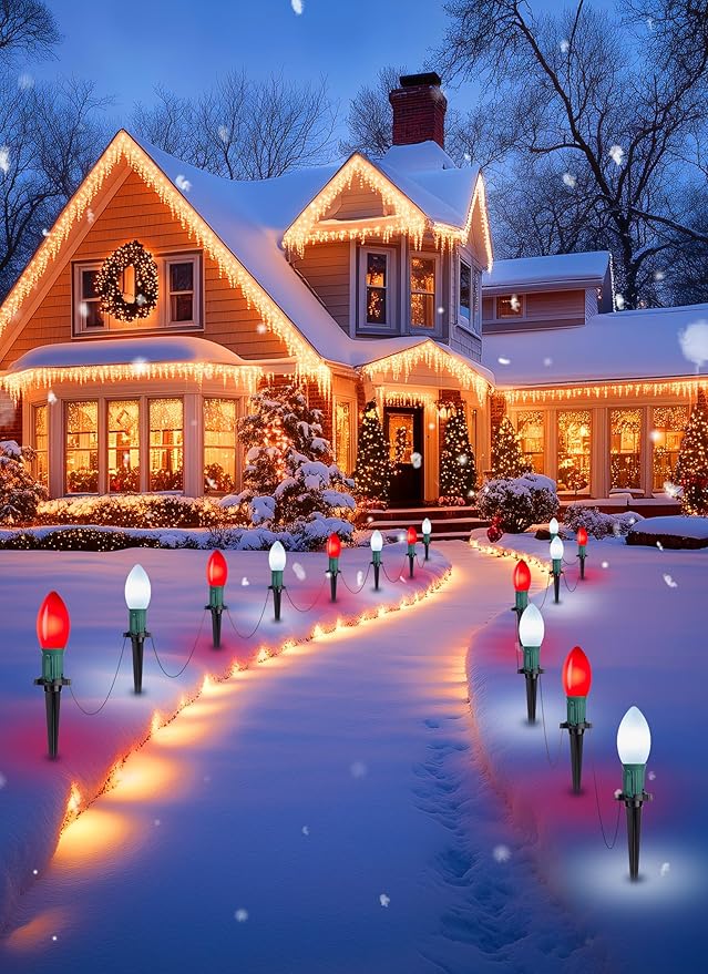 Brightown Frosted C9 LED Christmas Lights Outdoor, 32Ft Christmas Pathway Lights with 25 LED Bulbs and Stakes, Christmas Decorations Outside Driveway Walkway Sidewalk, Red and White