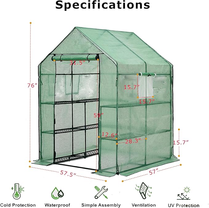 Walk-in Greenhouse w/ Roll-Up Zipper Door & Screen Windows-3 Tiers 12 Shelves 56x56x76β PE Greenhouse for Outdoor Gardening Plants Cold Frost Protection Wind Rain Proof(PLGHW002G-N)