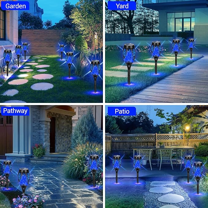 12 Pack Solar Torch Lights Outdoor Waterproof - Blue Flickering Flame, Outdoor Solar Garden Lights for Yard, Tiki Torches for Outside Patio Pathway Decorations