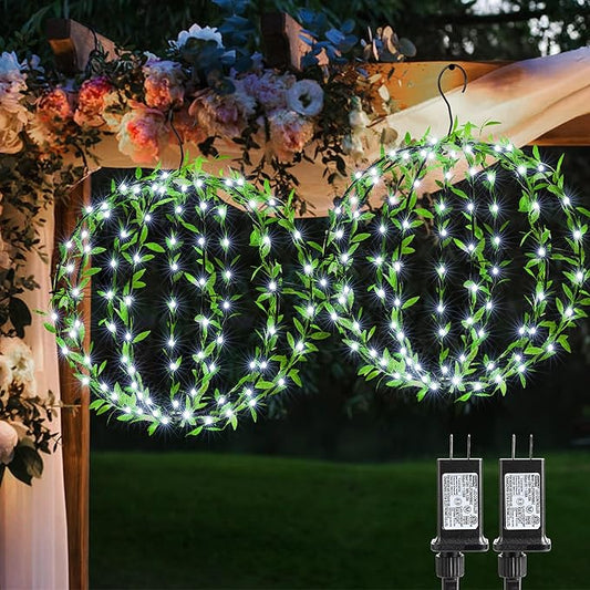 Flacchi Hanging Iron Sphere Lights with Artificial Greenery – 12Inch 120 LED Waterproof Outdoor/Indoor Decor Ball Light with Timer & 8 Modes – 2 Pack for Garden, Christmas, Weddings (Cool White)
