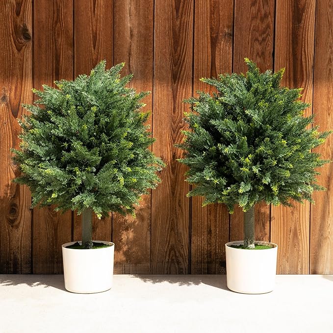 Premium 16" Diameter Artificial Cypress Topiary – Set of 2 Faux Plants in Beige Decorative Planters – UV-Resistant, Weatherproof, Realistic Outdoor & Indoor Greenery