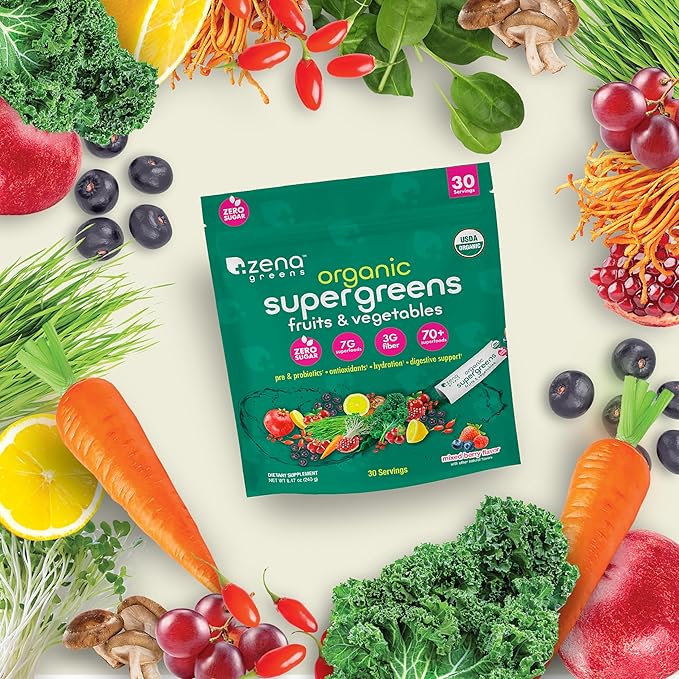 Zena Greens Organic Supergreens Powder 30 8g 8g Sticks |70+ Superfood 3G Fiber 0 Sugar