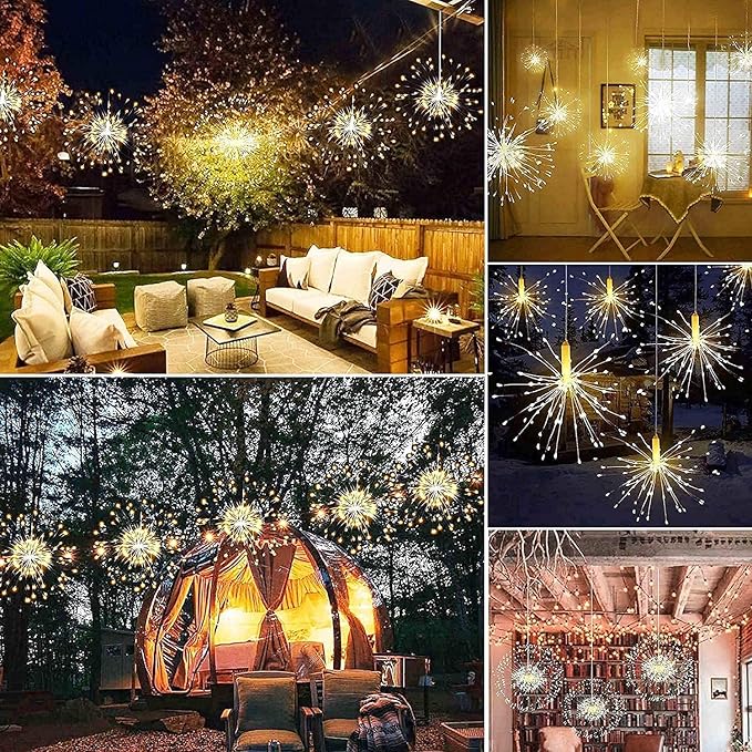 FOOING 6 Pack Firework Lights Led Copper Wire String Lights 8 Modes Battery Operated Fairy Lights with Remote,Wedding Decorative Hanging Lights for Party Patio (Warm White)