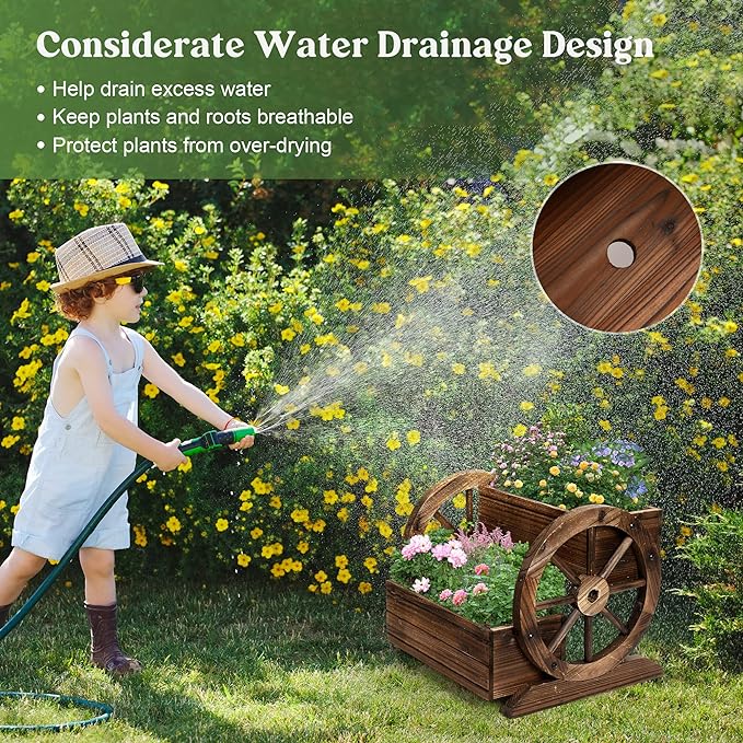 Wooden Wagon Planter Box, Garden Planter with Wheels,Decorative Planter for Flowers Herbs Vegetables for Indoor & Outdoor Décor, Flower Cart for Patio Garden Balcony