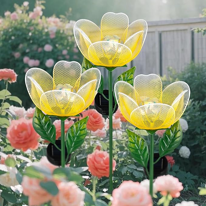 Solar Lights Outdoor Garden, 2 Pack Solar Powered Metal Flowers LED Breathing Light Waterproof,Solar Flowers for Outside Patio Lamp,Garden Gifts for Women,Landscape Lighting,Yard Pathway Decor