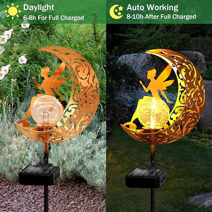 YJFWAL 2 Pack Garden Solar Lights Pathway Stake Lights Moon Fairy Glass Globe with Angel Decor, Outdoor Decorative Lights Waterproof for Walkway, Yard, Patio Decor(Warm White)