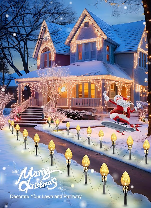 Brightown 2 Pack Strawberry C9 Christmas Pathway Lights Outdoor - Total 34.8 Feet 20 LED Christmas Walkway Lights, Christmas Lights Outdoor Decorations for Yard Lawn Holiday Outside, Warm White