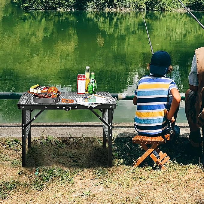 RedSwing Folding Grill Table with Extra Space, Adjustable Height Portable Small Stand Table for Outdoor Indoor Camping Picnic BBQ, Black with Side Table