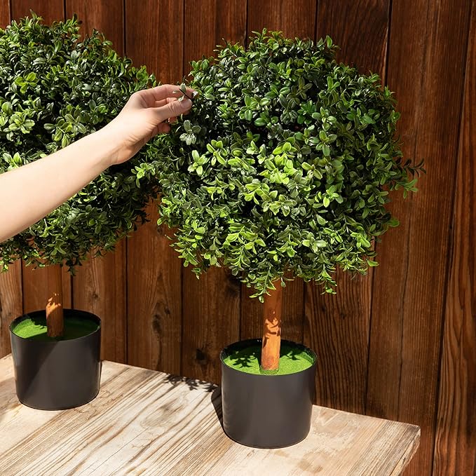 Premium 14" Diameter Artificial Boxwood Topiary – Set of 2 Faux Plants in Black Decorative Planters – UV-Resistant, Weatherproof, Realistic Outdoor & Indoor Greenery Accent