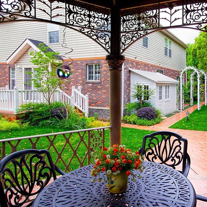 Fonmy Gazing Ball Spiral Tail -Decorative Wind Spinner 11 inch Tail and 2 inch Steel Orb. Indoor Outdoor Garden Decoration Silver Multi Color Ball -13 inch Height