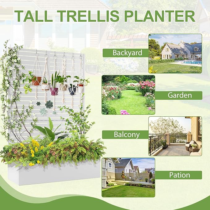 Trellis for Climbing Plants Outdoor,Mental Garden Bed with Drainage Holes Outdoor Privacy Screen Design Tall planters for herb Flower Vegetables 73"x47"x16", White-Louvered