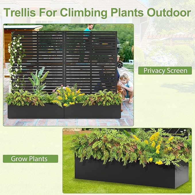 Trellis for Climbing Plants Outdoor,Mental Garden Bed with Drainage Holes Outdoor Privacy Screen Design Tall planters for herb Flower Vegetables 73"x47"x16", Black-Louvered